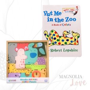 🦒 Colorful Wooden Animal Block Puzzle and Book Set
